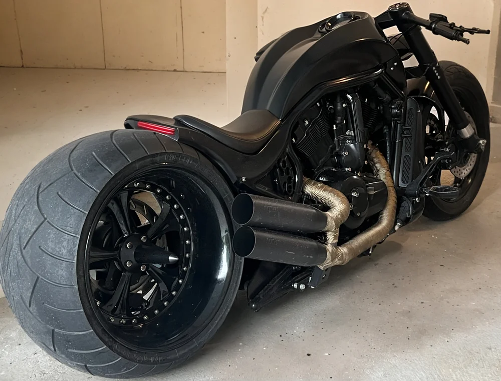 Custom motorcycle with a wide rear tire